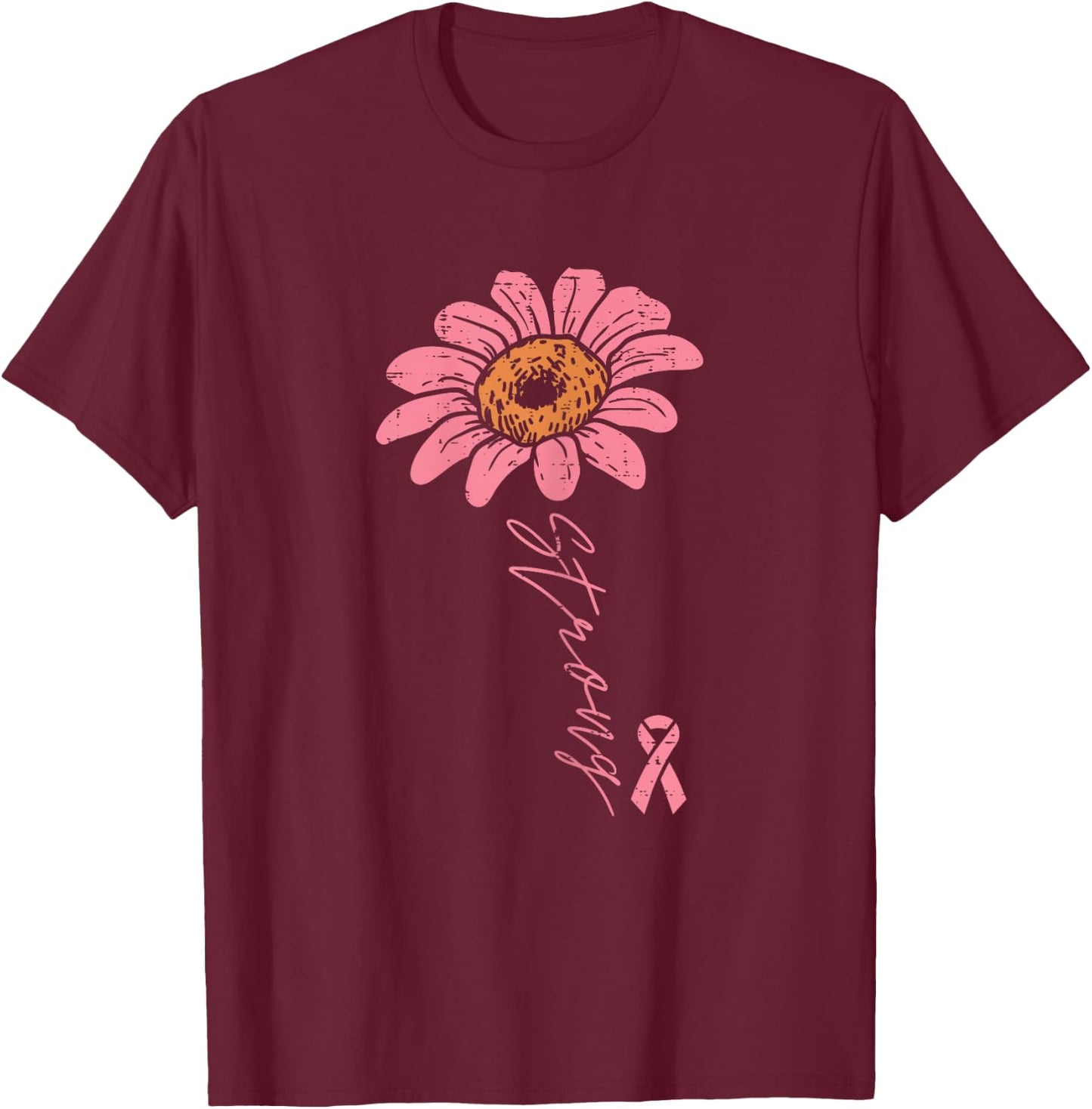 Pink Ribbon Sunflower Strong Breast Cancer Awareness Women T-Shirt - T-Shirt | Maroon