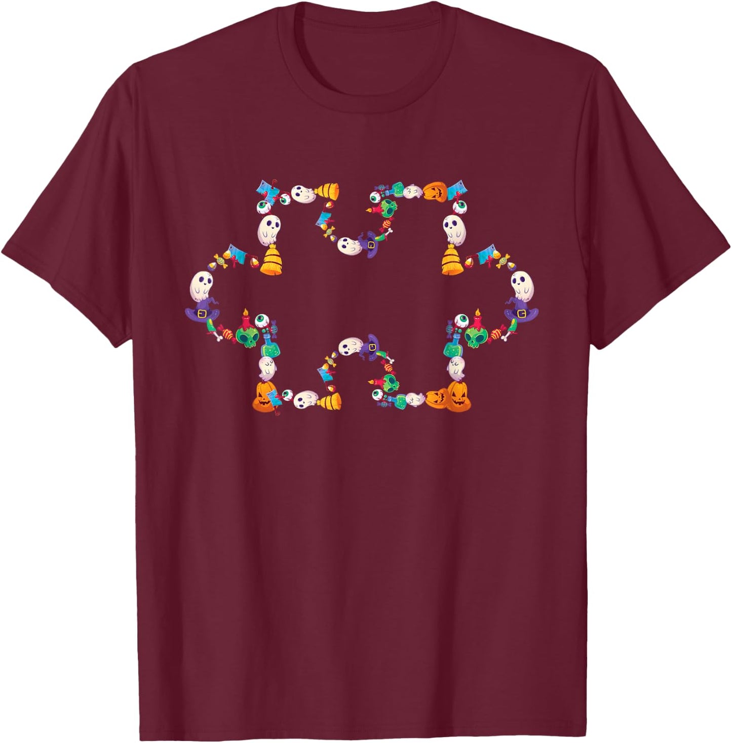 Halloween Autism Awareness Puzzle Pumpkin Ghost Broom Zombie T-Shirt - T-Shirt | Maroon