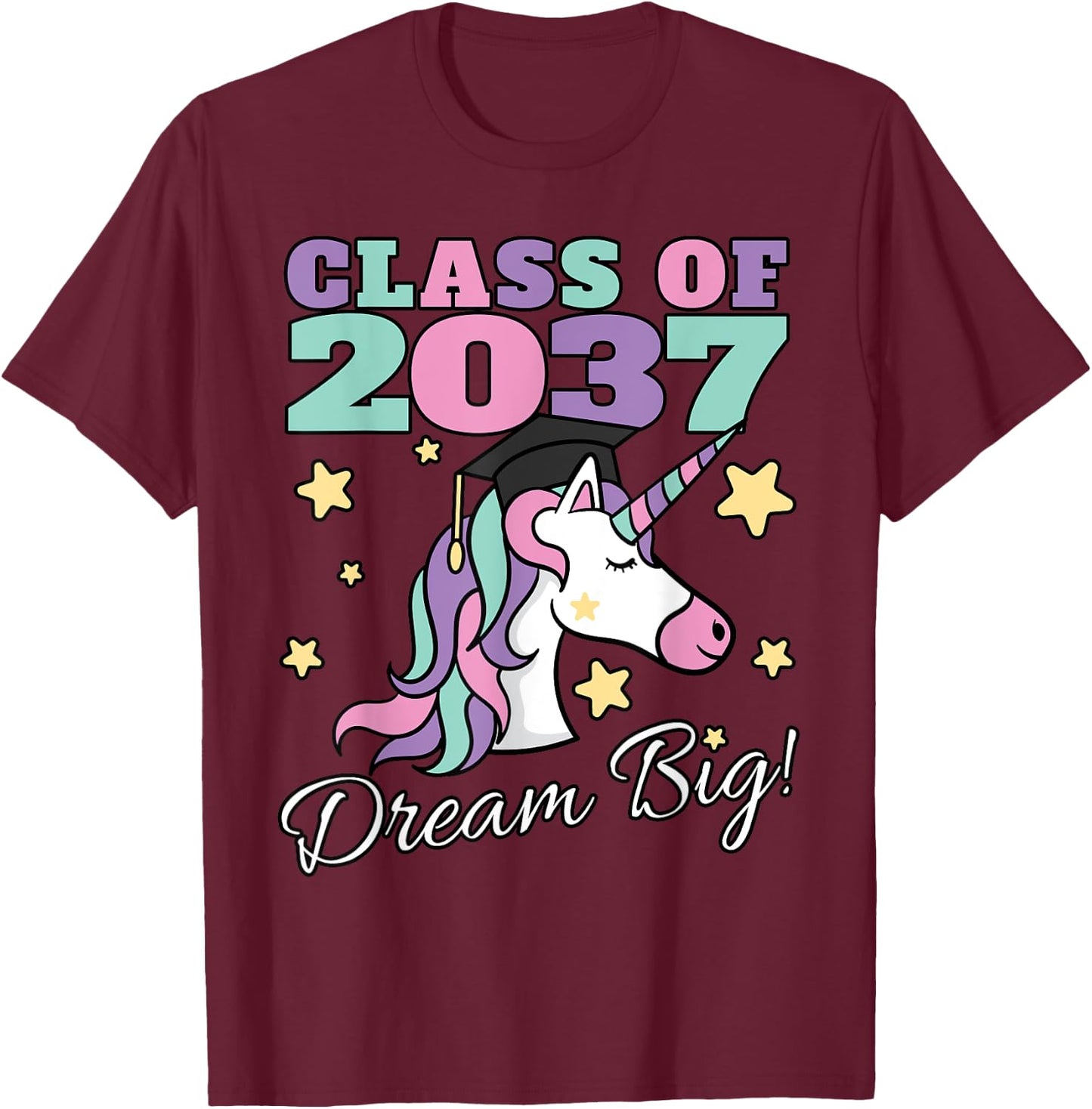 Girls Class of 2037 Magical Unicorn Graduation Cap T-Shirt - T-Shirt | Maroon
