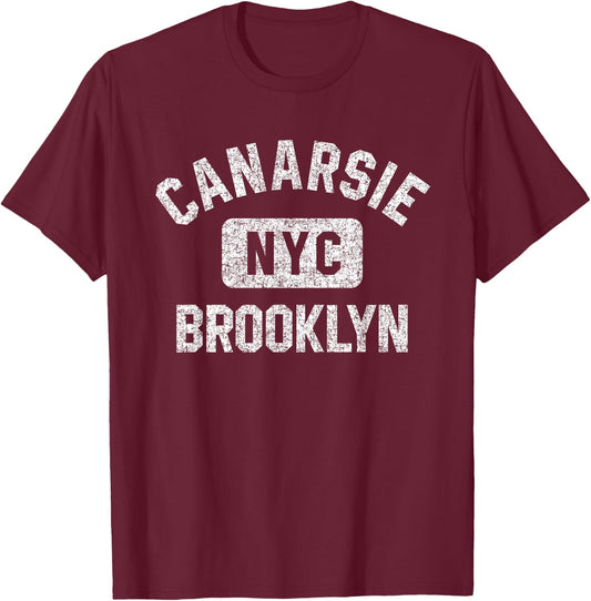 Canarsie Brooklyn NYC Gym Style Distressed White Print T-Shirt - T-Shirt | Maroon