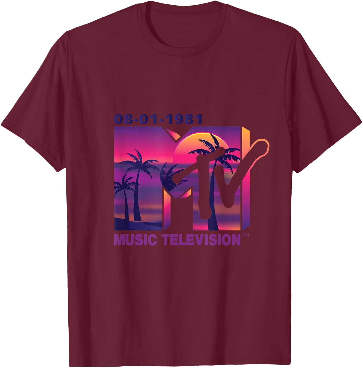 Mademark x MTV - The official 1981 MTV Logo with purple Palms in the Sunset T-Shirt - T-Shirt | Maroon