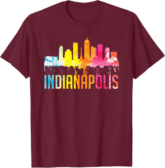 Indianapolis Indiana Watercolor City Skyline Art Souvenir T-Shirt - T-Shirt | Maroon