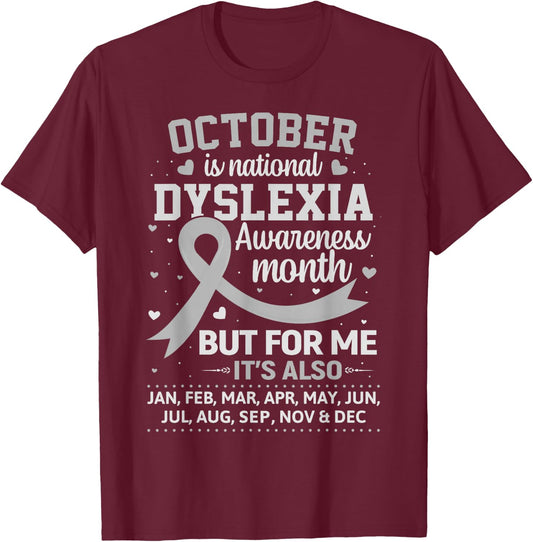 October is Dyslexia Awareness Month Shirt Silver Ribbon T-Shirt - T-Shirt | Maroon