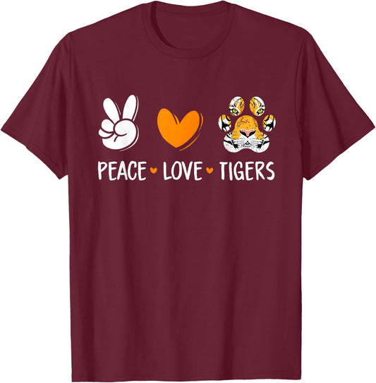 Peace Love Tigers Paw Wild Animal Lover Men Women Kids T-Shirt - T-Shirt | Maroon