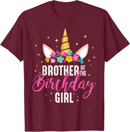 Brother Of The Birthday Girl Sibling Gift Unicorn Birthday T-Shirt - T-Shirt | Maroon