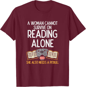 Woman Book Librarian Reading Pitbull Dog Owner Women Gift T-Shirt - T-Shirt | Maroon
