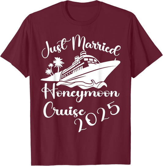 Just Married 2025 Wedding Rings Matching Couple Newlyweds T-Shirt - T-Shirt | Maroon