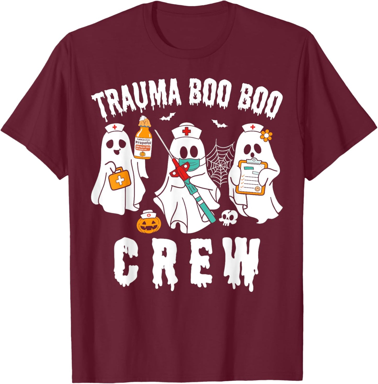 Groovy Trauma Boo Crew Funny Halloween Nurse T-Shirt - T-Shirt | Maroon
