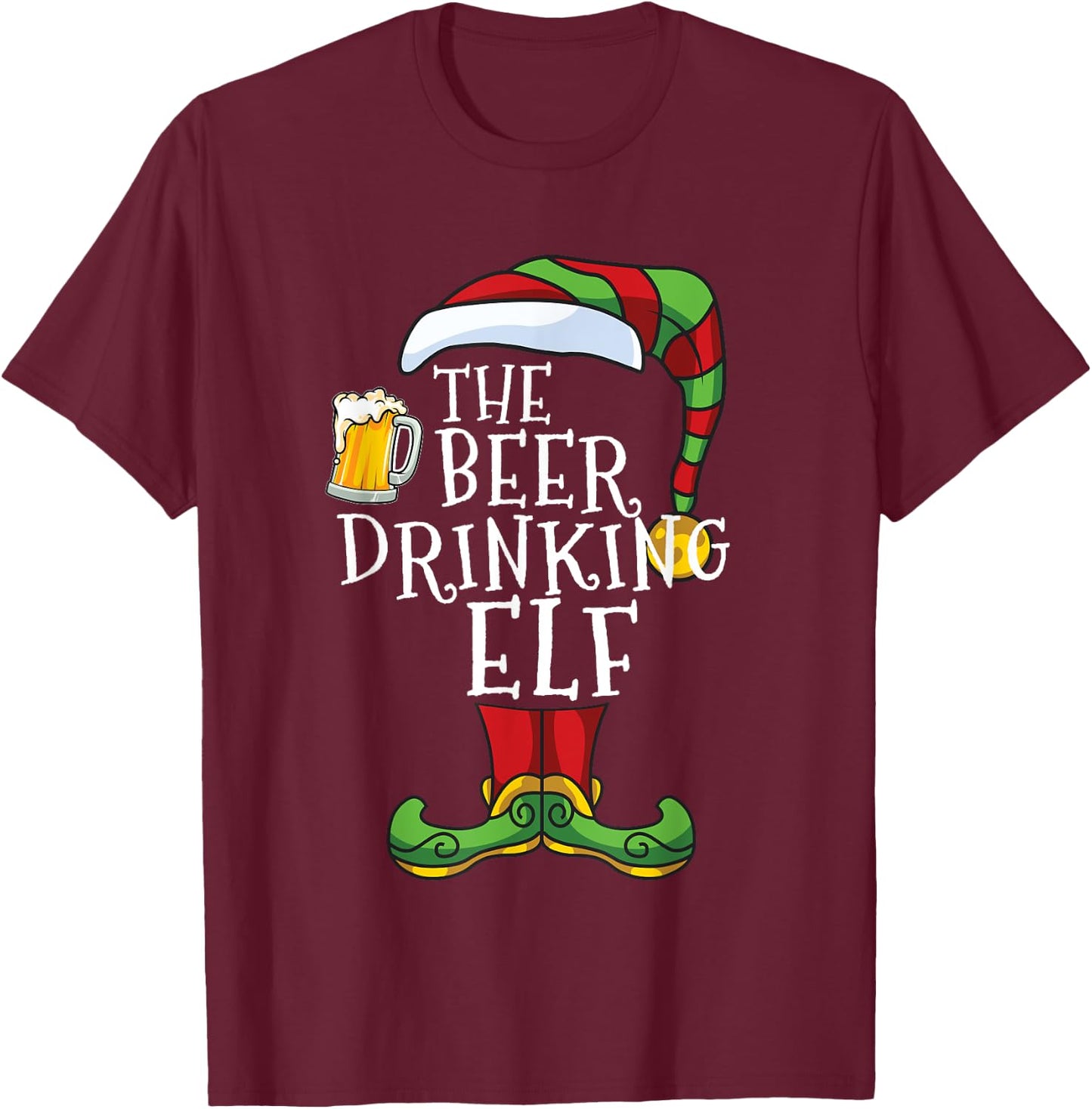 Beer Drinking Elf Lover Family Matching Christmas Funny T-Shirt - T-Shirt | Maroon
