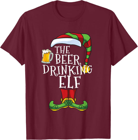 Beer Drinking Elf Lover Family Matching Christmas Funny T-Shirt - T-Shirt | Maroon