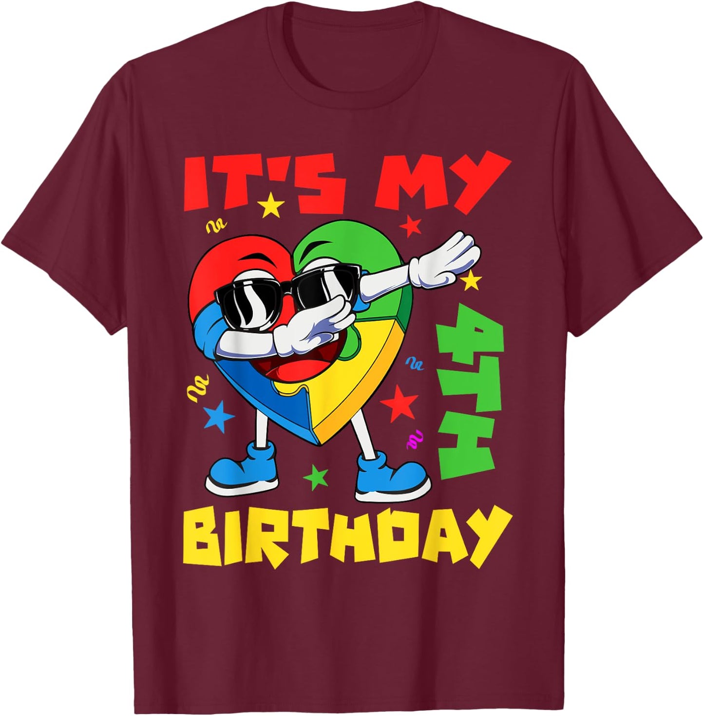 It's My 4th Birthday Dabbing Puzzle Pieces Autism Awareness T-Shirt - T-Shirt | Maroon