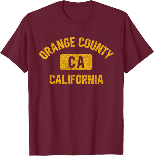 Orange County California Gym Style Distressed Amber Print T-Shirt - T-Shirt | Maroon