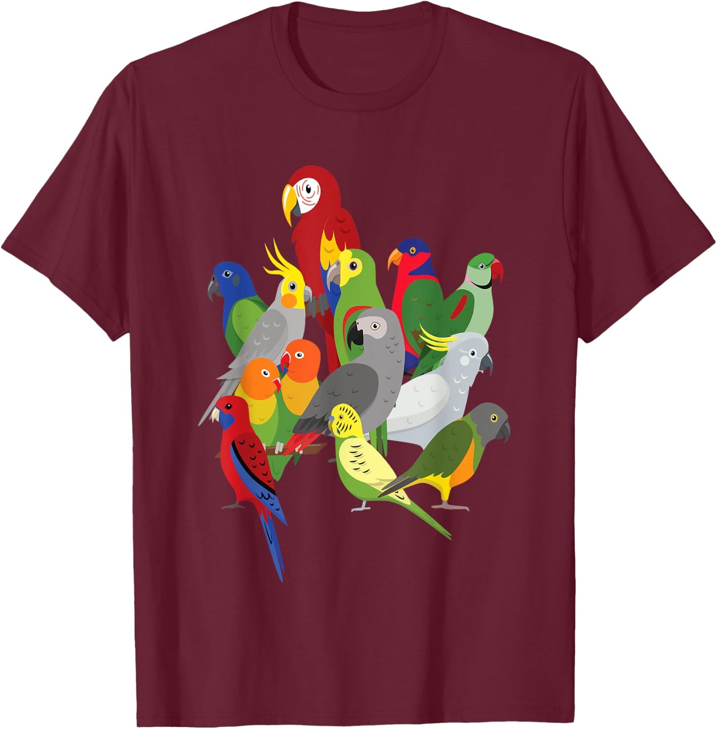 Parrot Herd - Macaw, Cockatoo, Grey Grey & Budgies T-Shirt - T-Shirt | Maroon