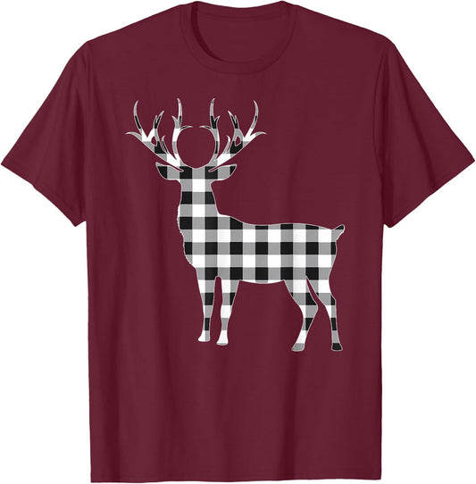 Black and White Buffalo Plaid Reindeer Christmas Deer Pajama T-Shirt - T-Shirt | Maroon