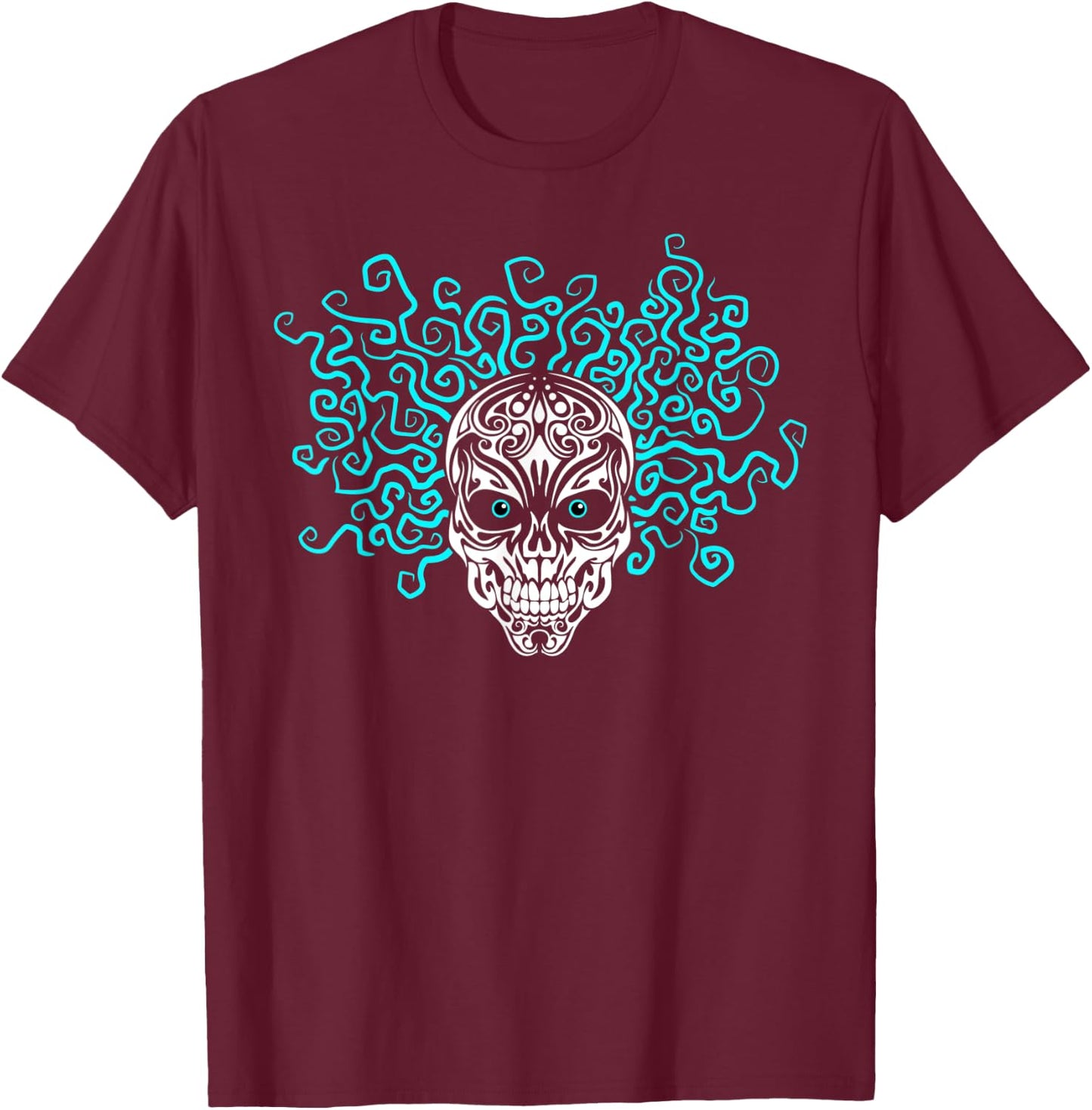 Sugar Skull with Wicked Crazy Hair T-Shirt - T-Shirt | Maroon