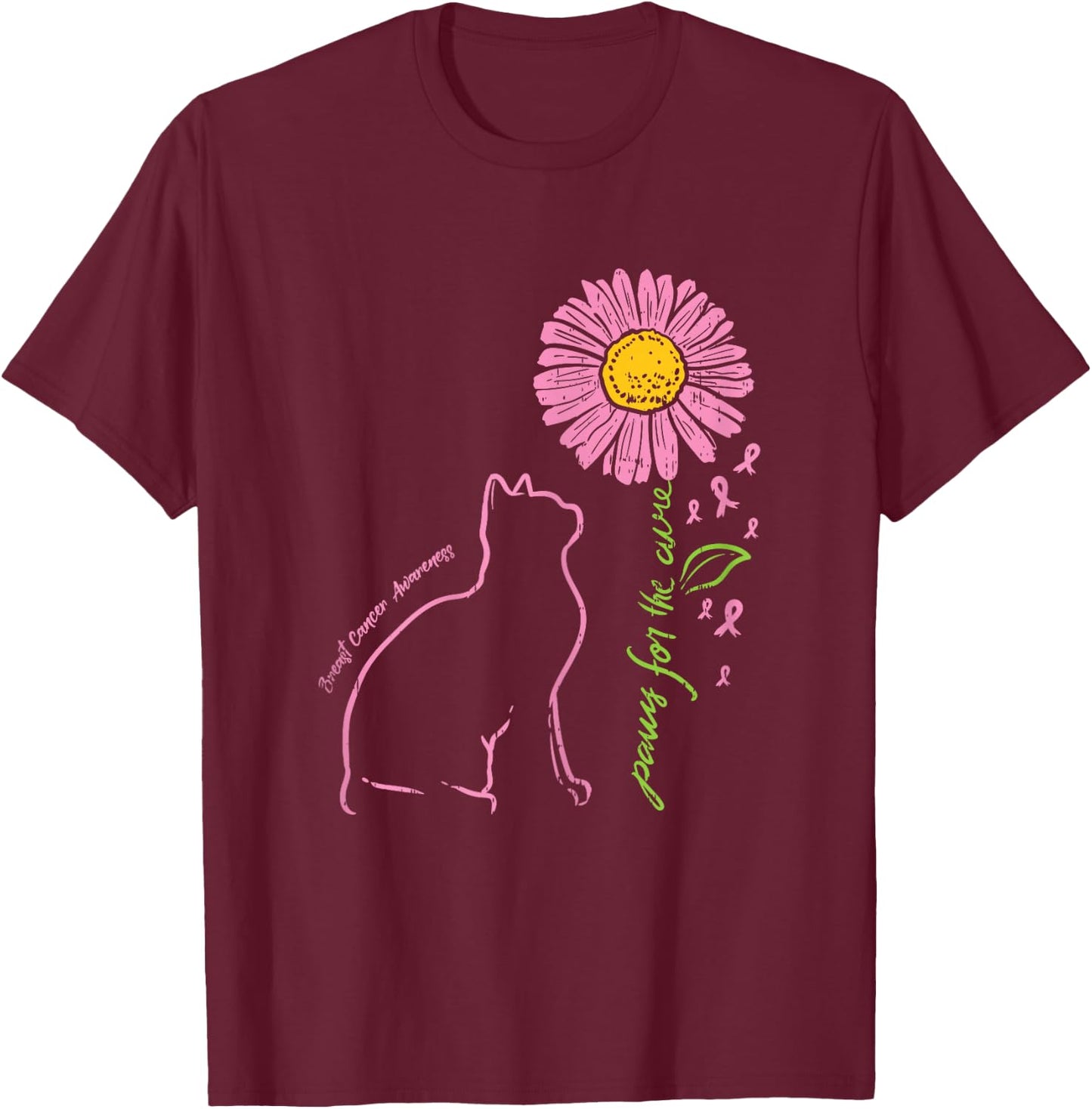 Cat Flower Paw For Cure Breast Cancer Awareness Support Gift T-Shirt - T-Shirt | Maroon