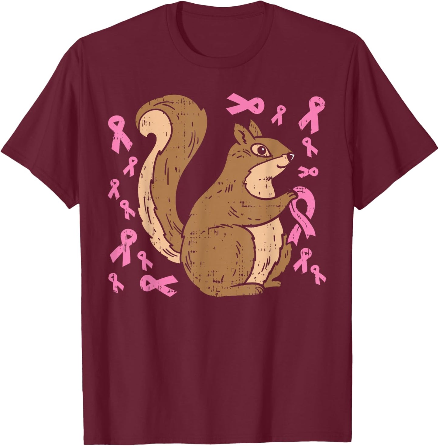 Squirrel Pink Ribbon Breasr Cancer Awareness Support Gift T-Shirt - T-Shirt | Maroon