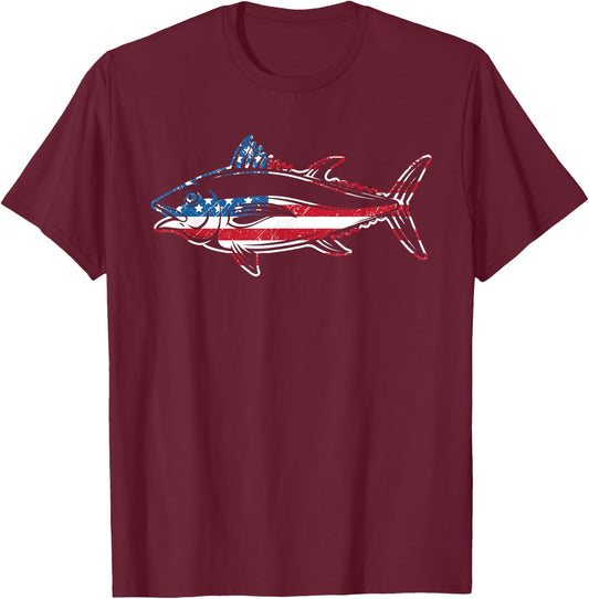 Tuna Fishing American Flag Giant Bluefin Fish Fisherman T-Shirt - T-Shirt | Maroon