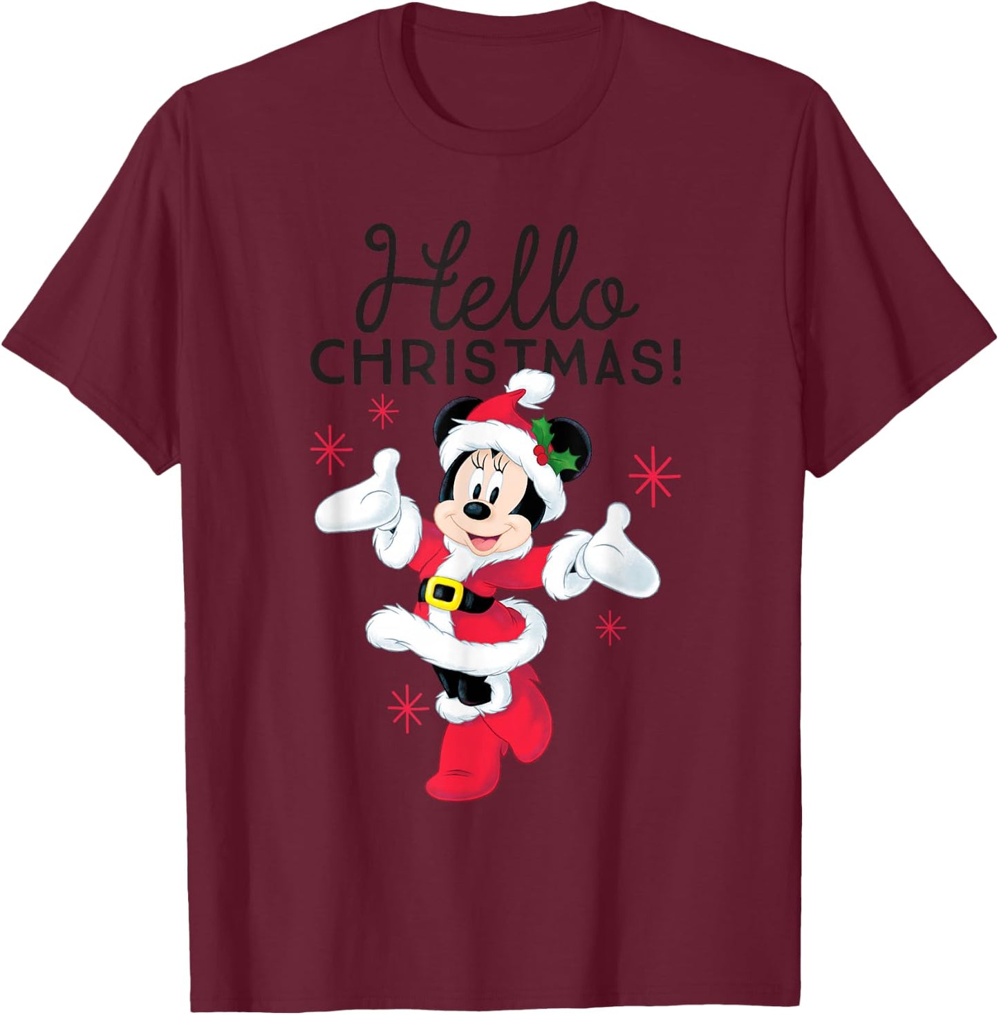 Disney Santa Minnie Mouse Hello Christmas Holiday Short Sleeve T-Shirt - T-Shirt | Maroon