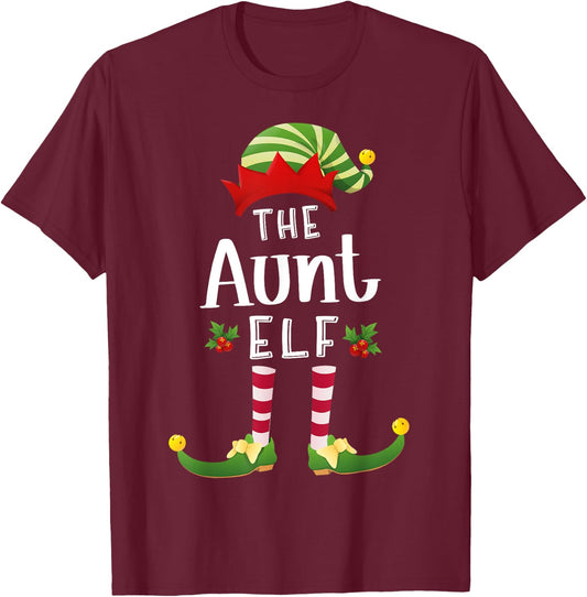 Aunt Christmas Elf Matching Pajama X-Mas Party T-Shirt - T-Shirt | Maroon