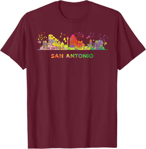 San Antonian Skyline Colorful Cityscape San Antonio T-Shirt - T-Shirt | Maroon