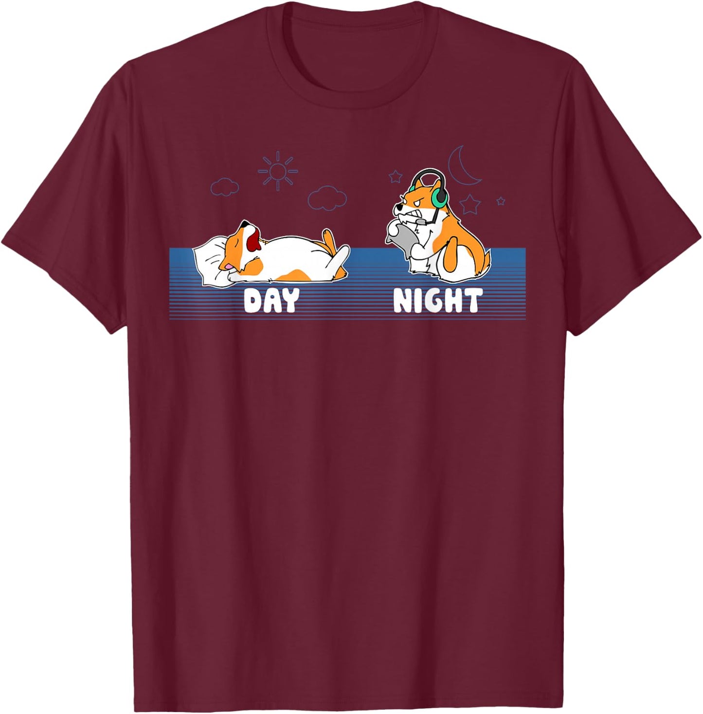 Sleep All Day Play Games All Night Funny Dog Corgi Gamer T-Shirt - T-Shirt | Maroon