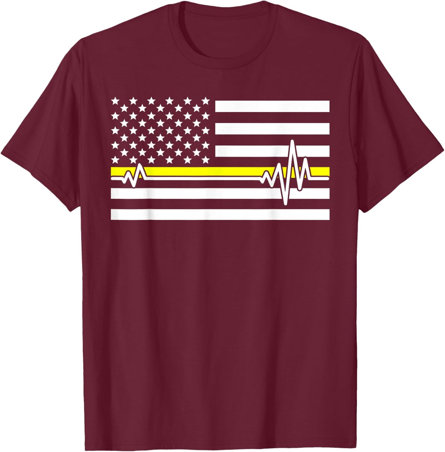 Thin Line In Yellow Us Flag Heartbeat Dispatcher Love Gift T-Shirt - T-Shirt | Maroon