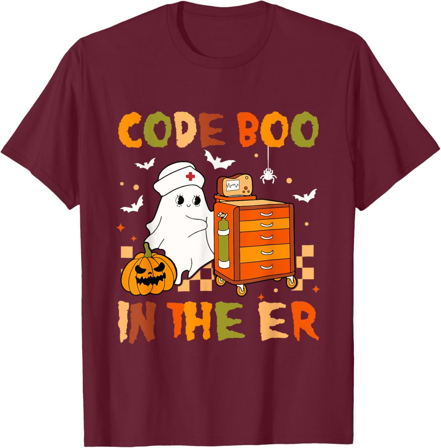 Halloween ER Costume Code Boo In The ER Nurse Crew Ghost T-Shirt - T-Shirt | Maroon