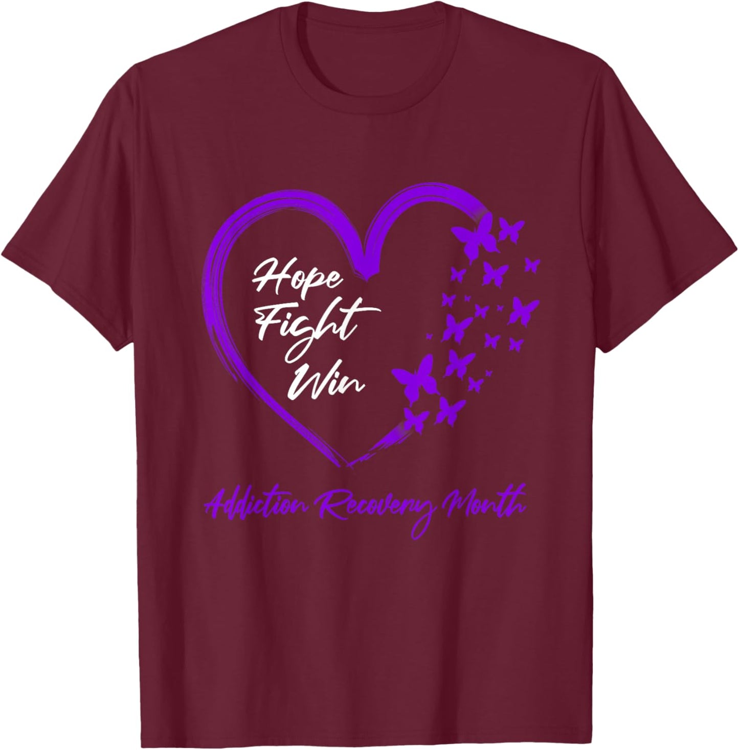 Hope Fight Win Addiction Recovery Month Purple Heart T-Shirt - T-Shirt | Maroon