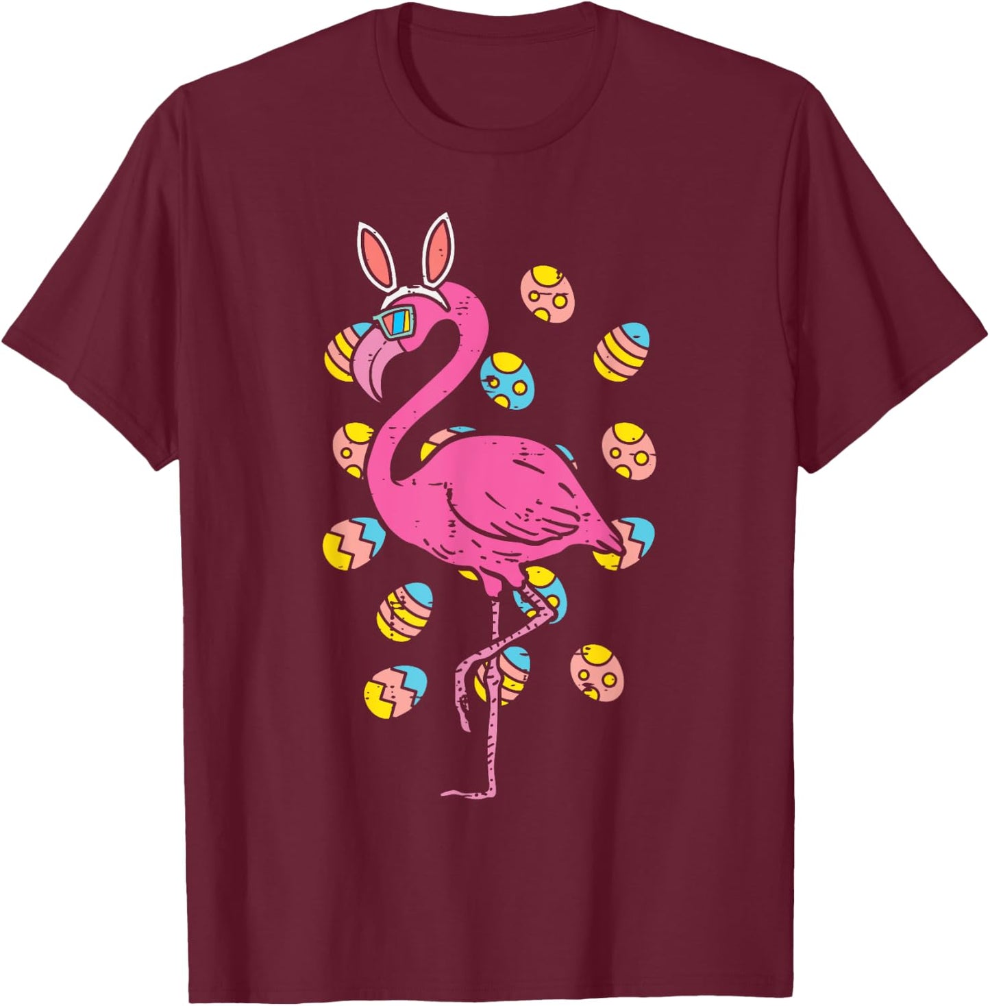 Flamingo Bunny Ears Glasses Eggs Easter Bird Animal Women T-Shirt - T-Shirt | Maroon
