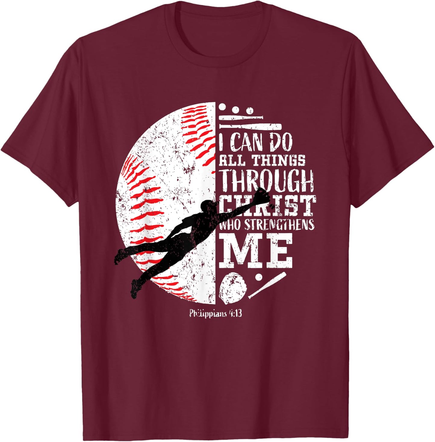 Boys Baseball Gifts Kids Teens Team Christian Bible Verse T-Shirt - T-Shirt | Maroon