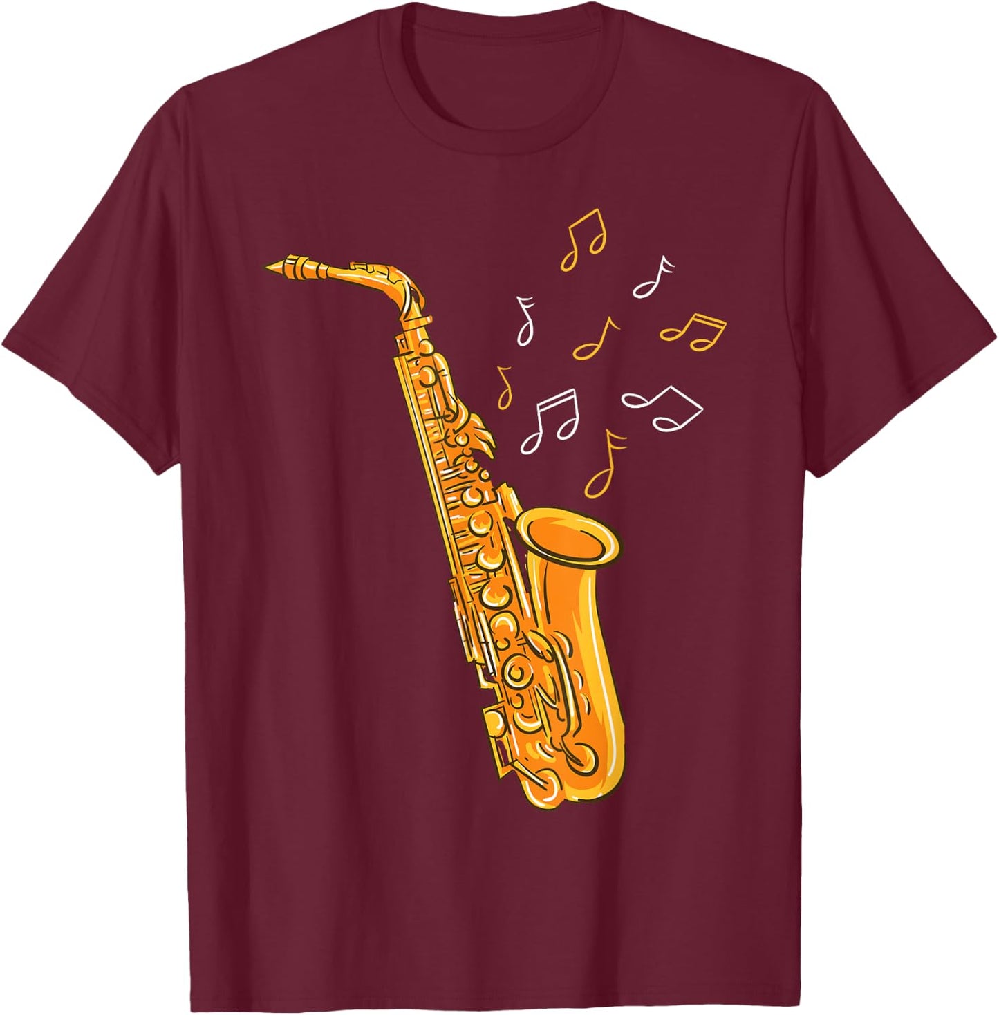Saxophone Player Musical Notes Saxophonist Jazz Musician Sax T-Shirt - T-Shirt | Maroon