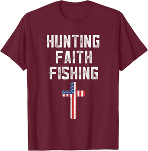 Hunting Faith And Fishing Cross American Flag Patriotic Men T-Shirt - T-Shirt | Maroon