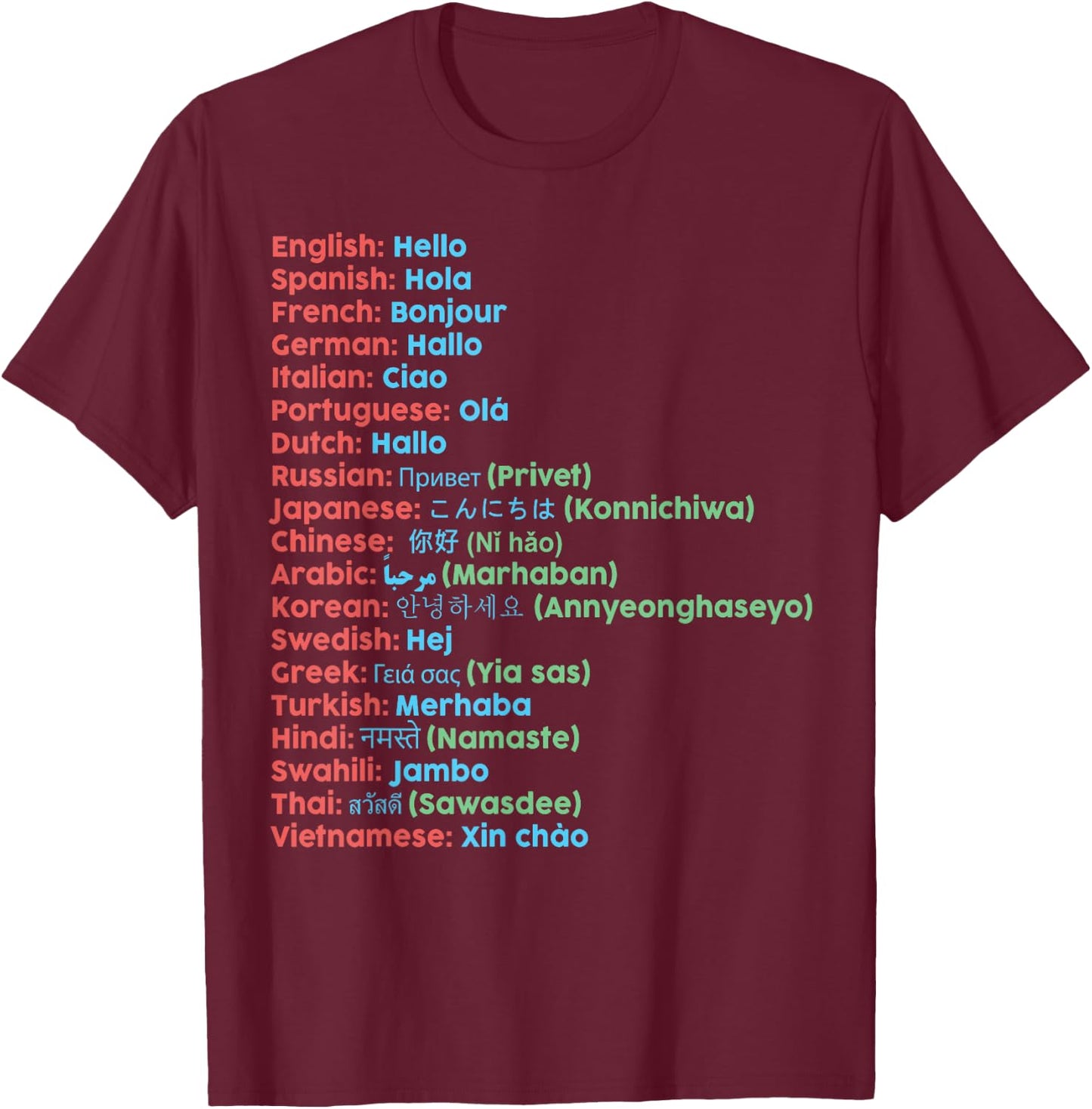 Hello Word in Different Languages Travel - - Black - Small - Short Sleeve T-Shirt - T-Shirt | Maroon