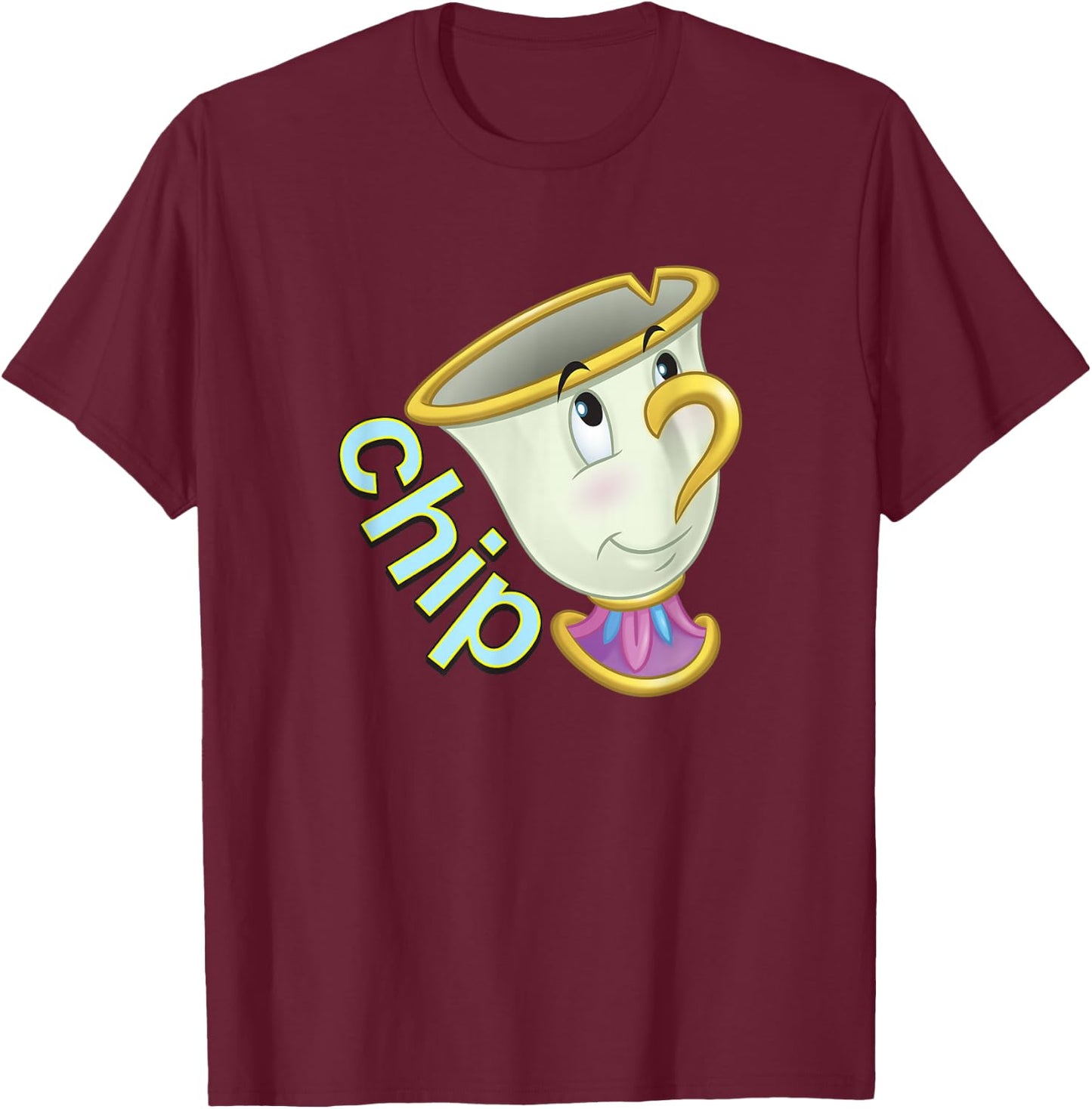 Disney Beauty and The Beast Chip Side Profile Big Face T-Shirt - T-Shirt | Maroon