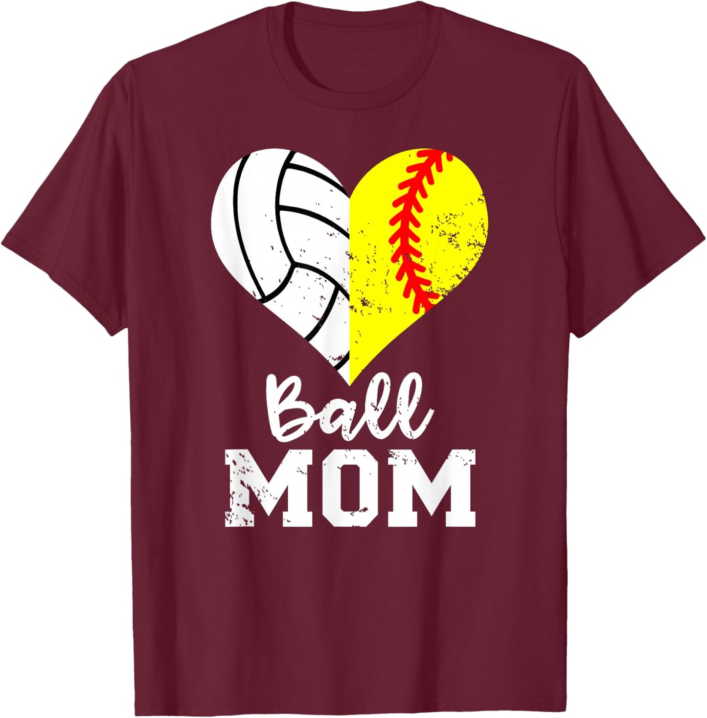 Ball Mom Heart Funny Softball Volleyball Mom T-Shirt - T-Shirt | Maroon