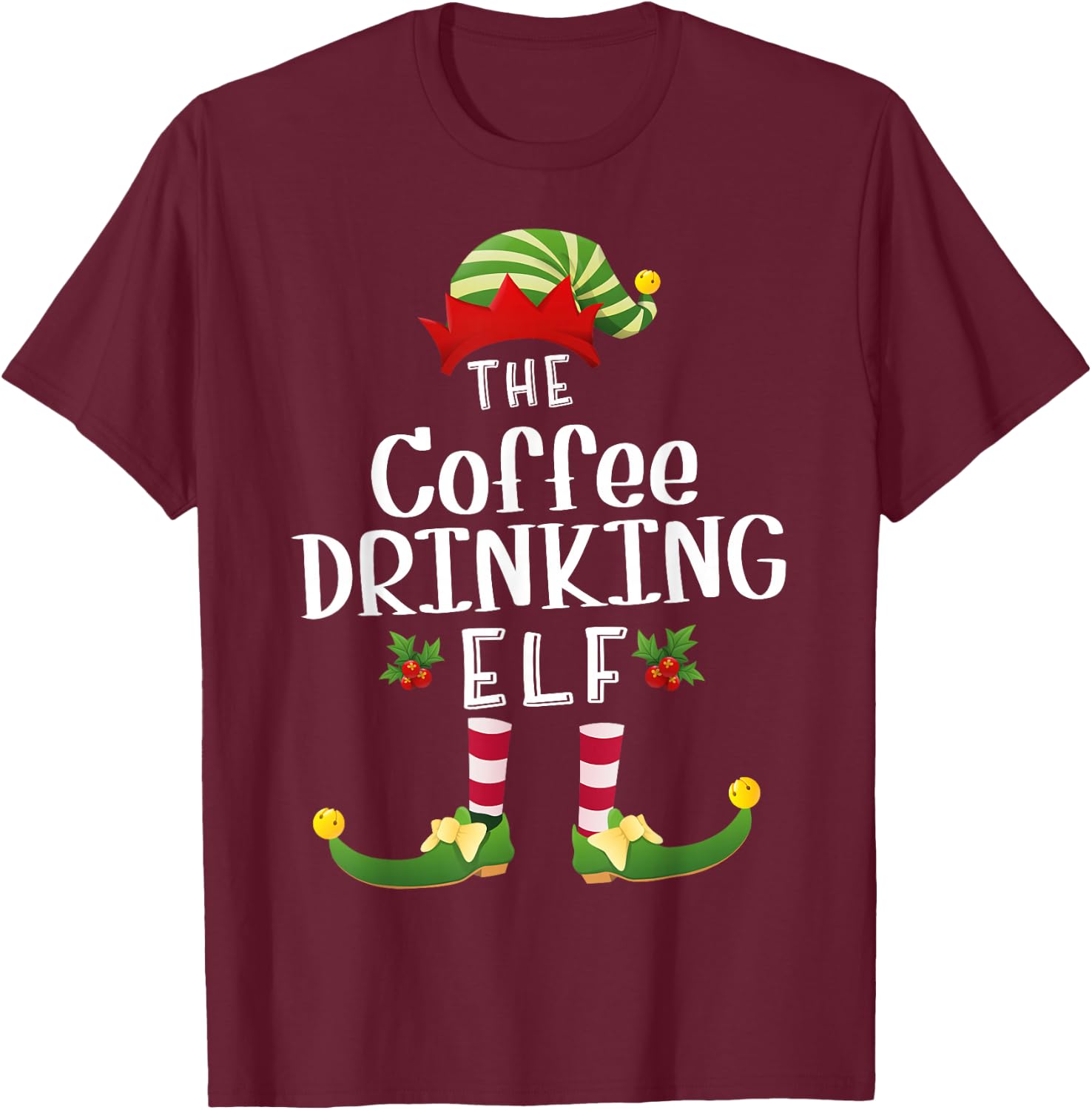 Coffee Drinking Christmas Elf Matching Pajama X-Mas Party T-Shirt - T-Shirt | Maroon