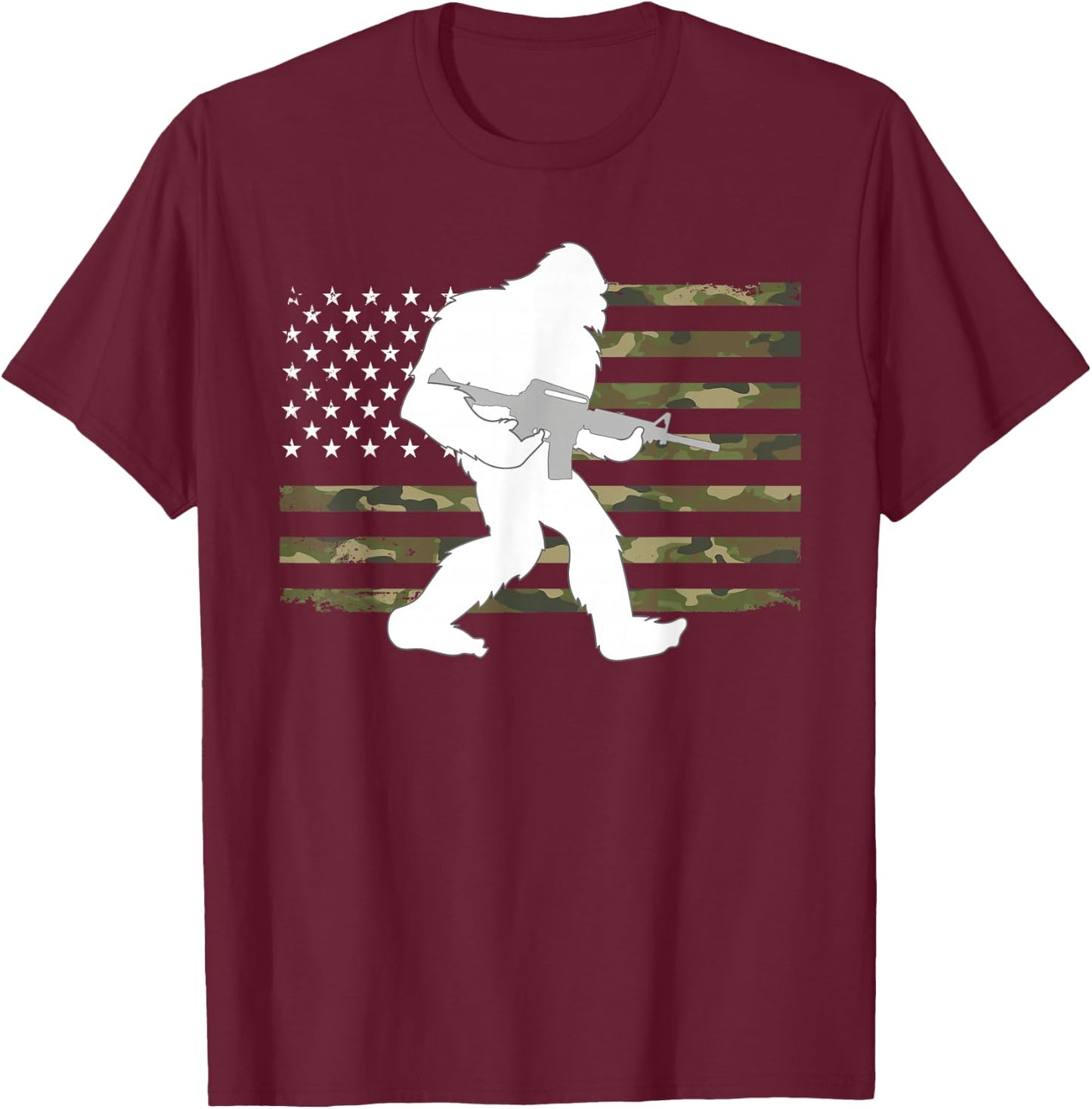 Bigfoot Gun Owner Camo US American Flag Sasquatch AR15 Rifle T-Shirt - T-Shirt | Maroon
