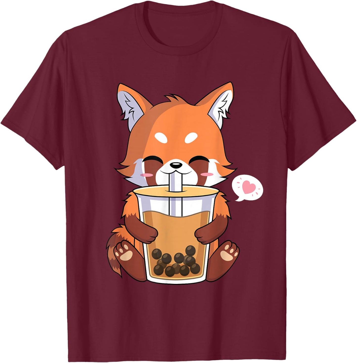 Kawaii Anime Red Panda Drinking Boba Bubble Tea T-Shirt - T-Shirt | Maroon