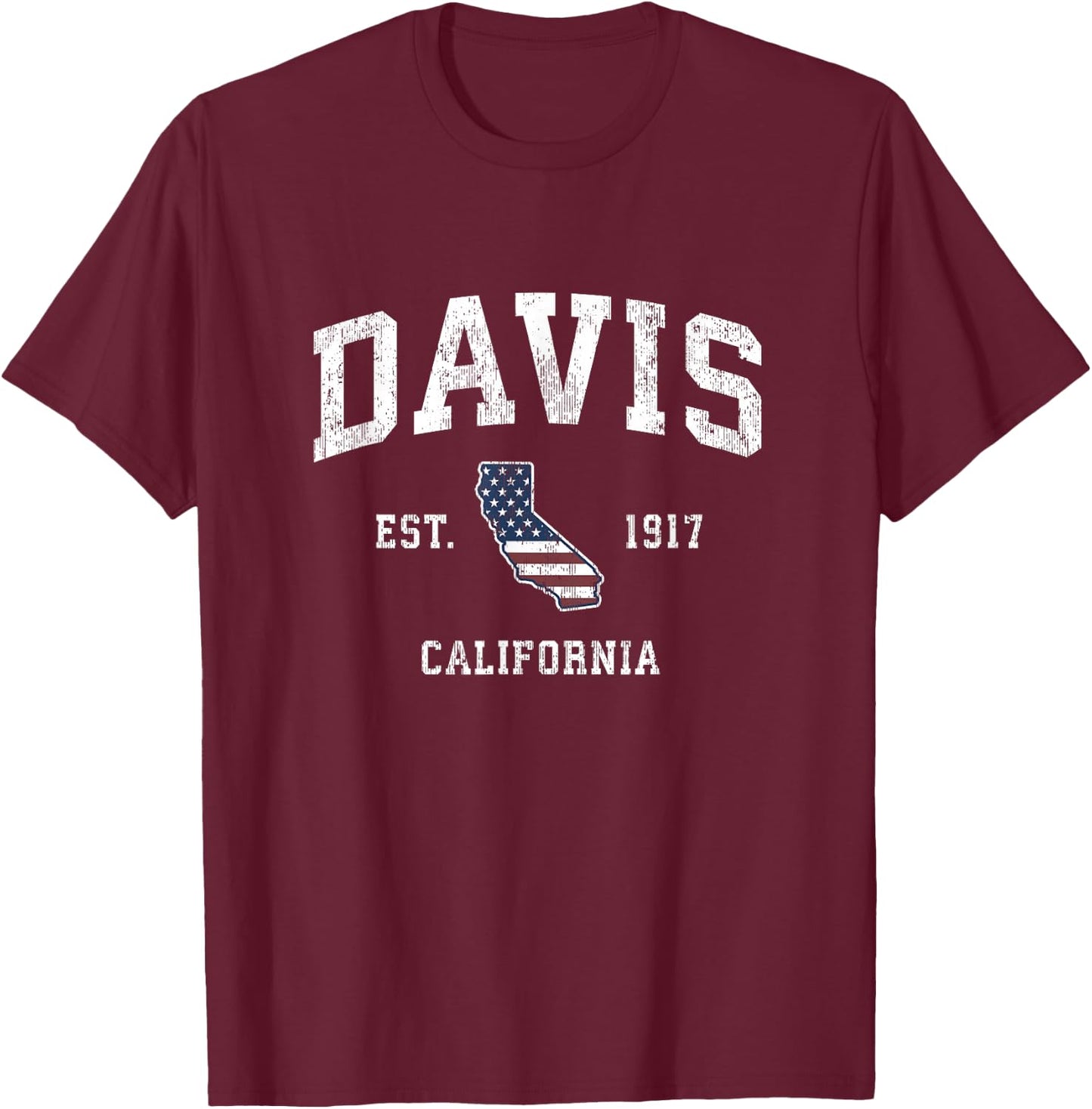 Davis California CA Vintage American Flag Sports Design T-Shirt - T-Shirt | Maroon