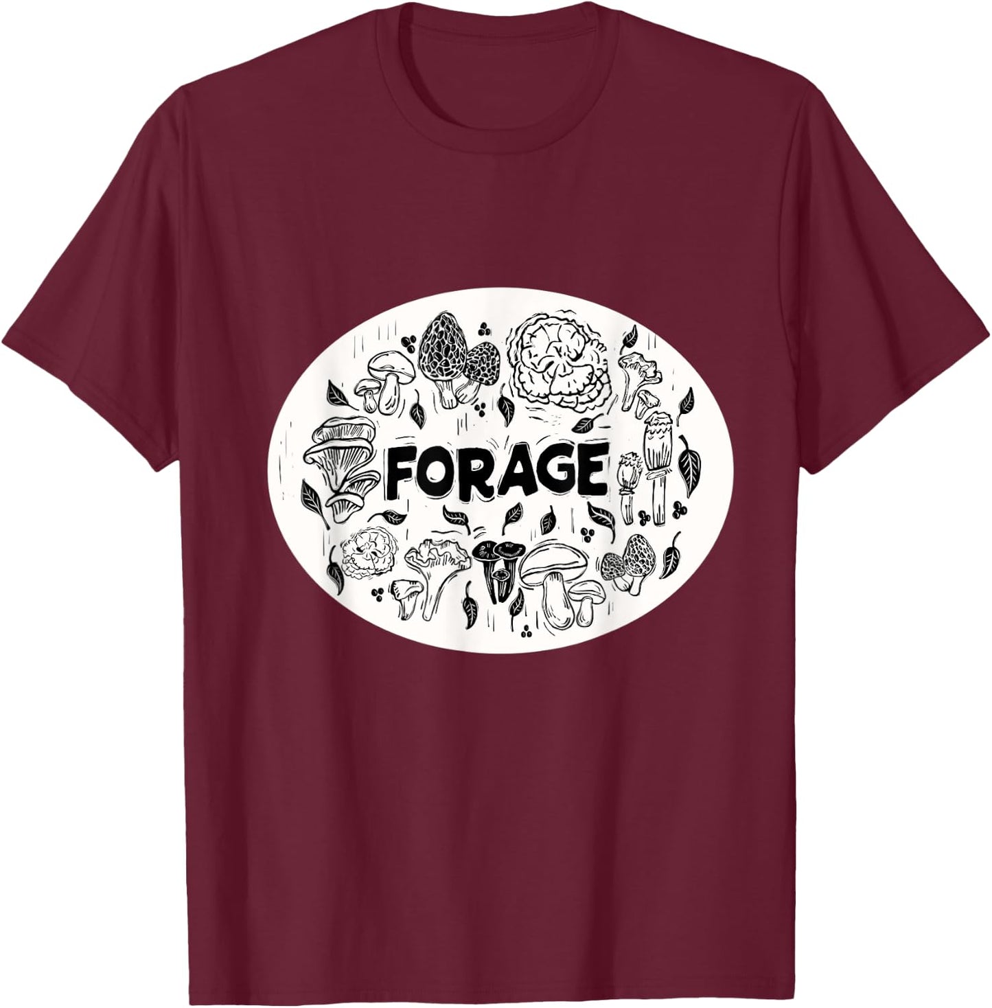 FORAGE ~ Mushroom Foraging ~ Chanterelle Morel ~ Linocut T-Shirt - T-Shirt | Maroon