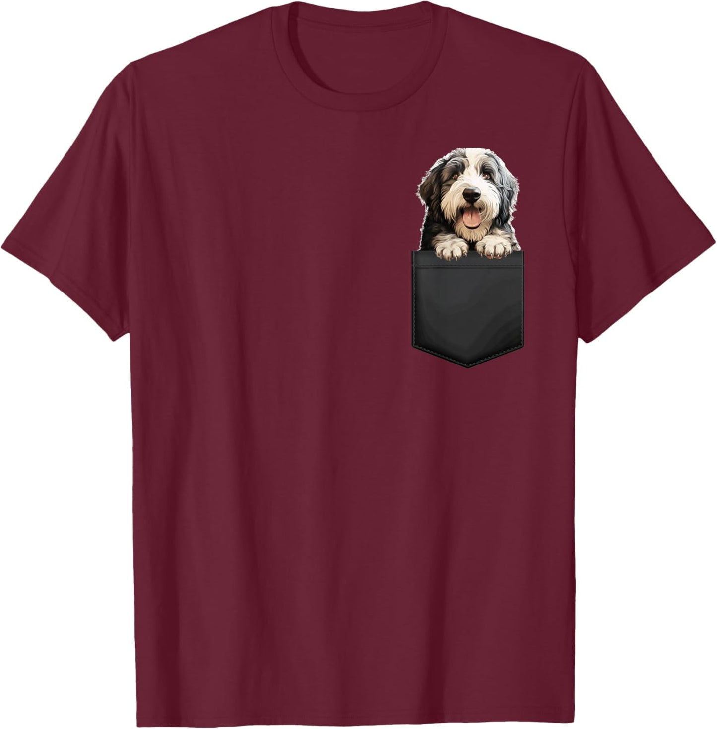Dog Old English Sheepdog Puppy Dog In Pocket Cute Pet Lover T-Shirt - T-Shirt | Maroon