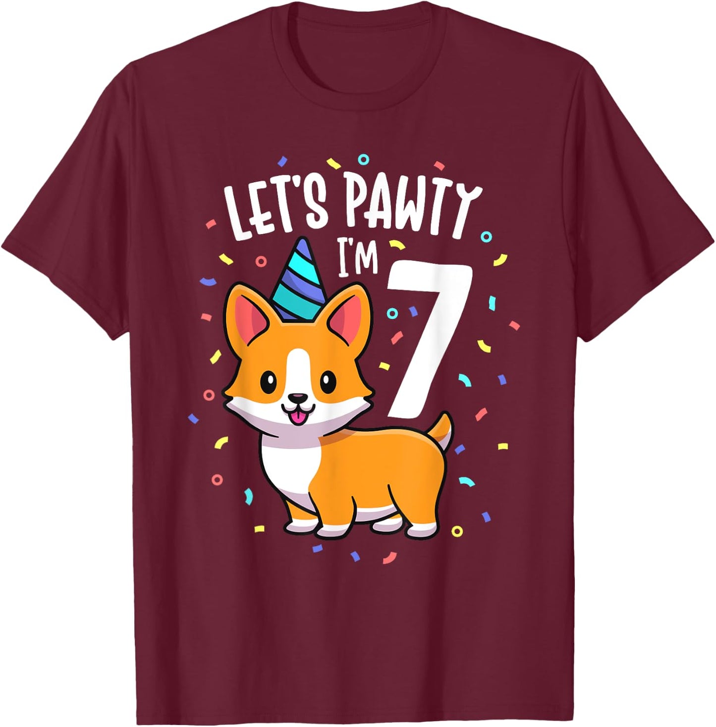 7 Years Old Corgi Dog Lover 7th Birthday Party Outfit Kid T-Shirt - T-Shirt | Maroon