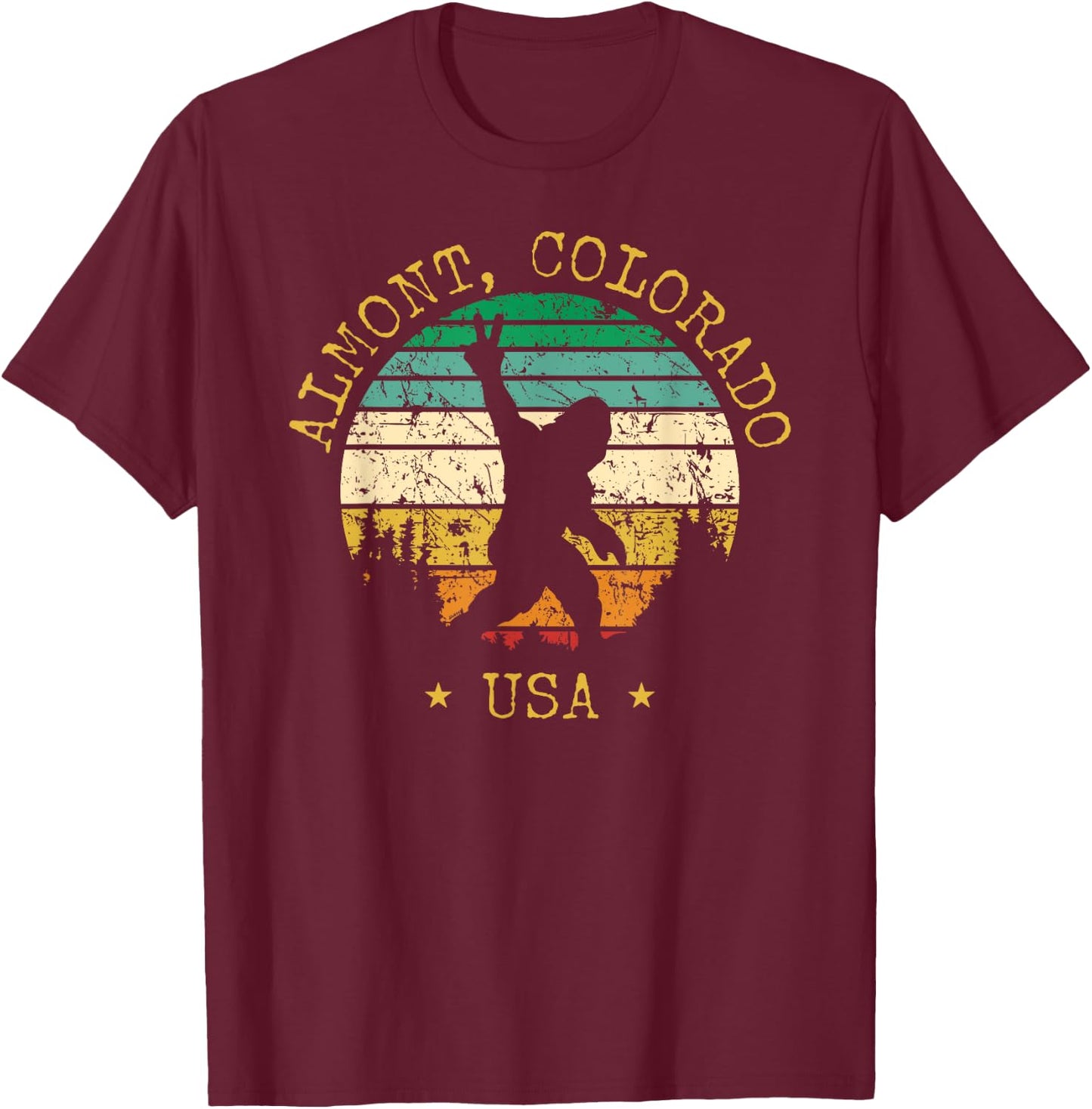 Almont Colorado USA Sasquatch Peace Sign Bigfoot Design T-Shirt - T-Shirt | Maroon