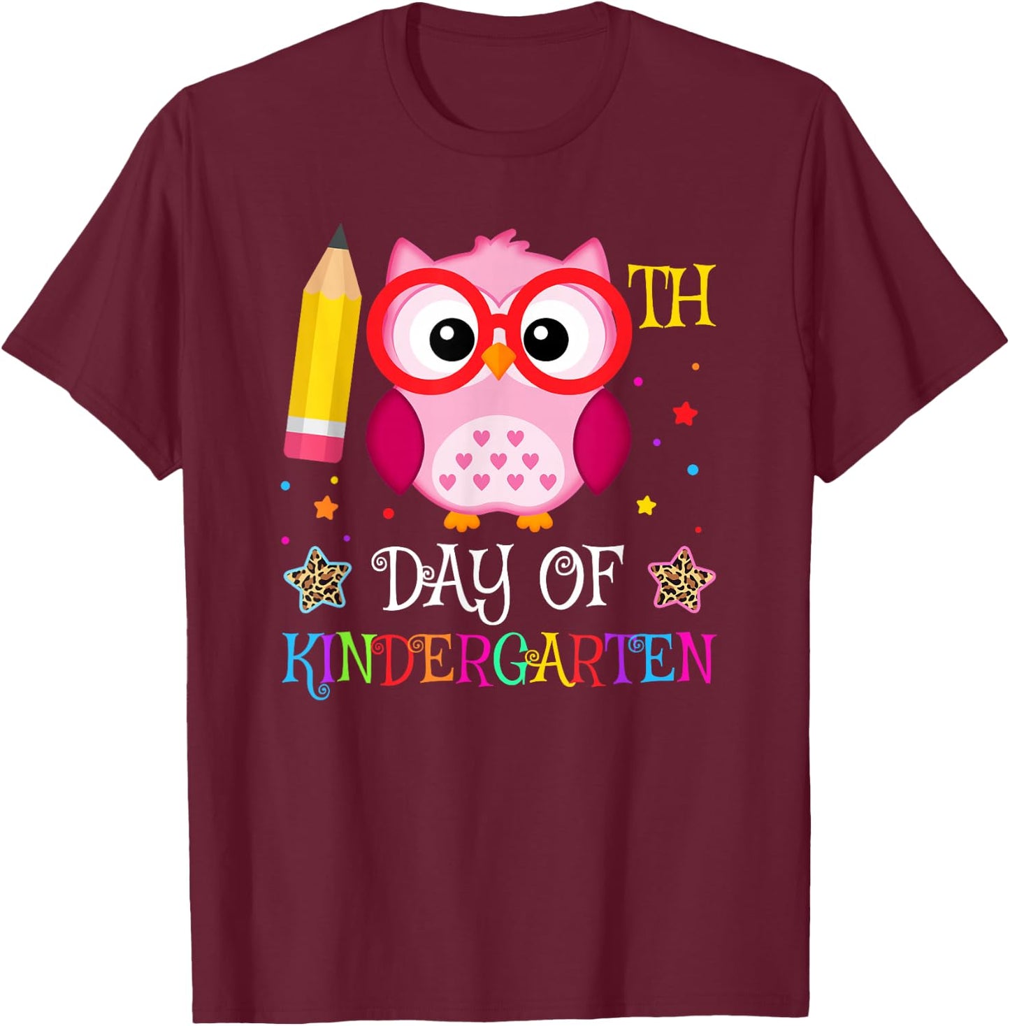 100th Day Of Kindergarten Owl lover Kids Girls Leopard T-Shirt - T-Shirt | Maroon
