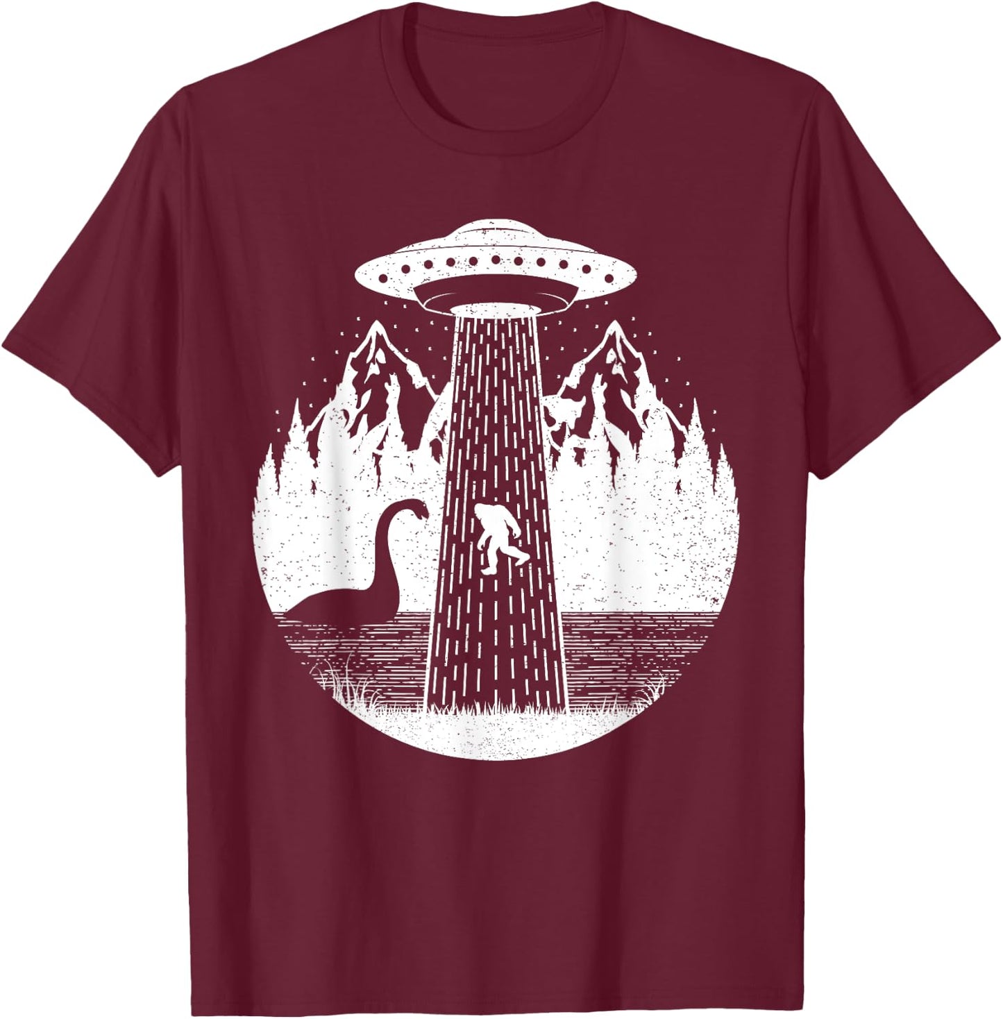 Bigfoot Ufo Abduction Funny Sasquatch Loch Ness Monster T-Shirt - T-Shirt | Maroon