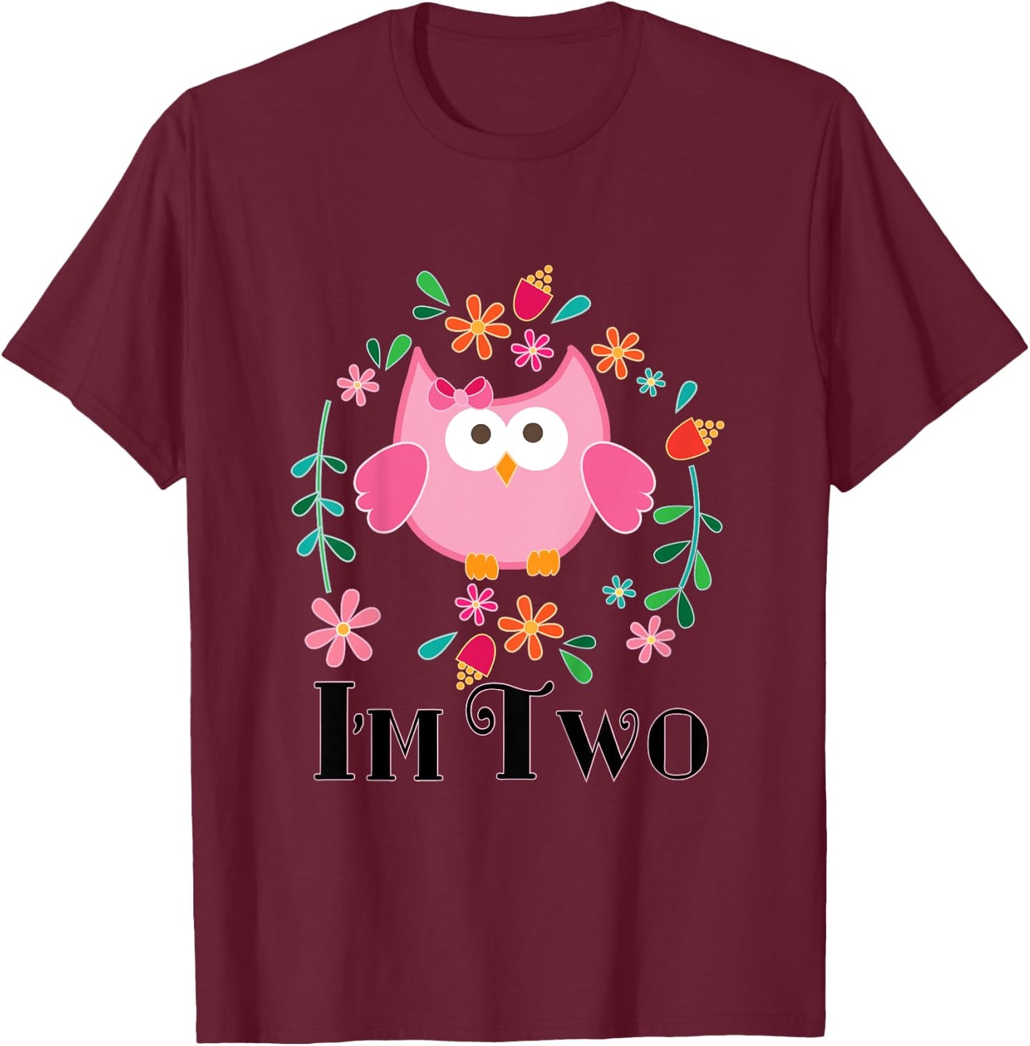 Kids 2nd Birthday Cute Owl 2 Year Old Girl T-Shirt - T-Shirt | Maroon
