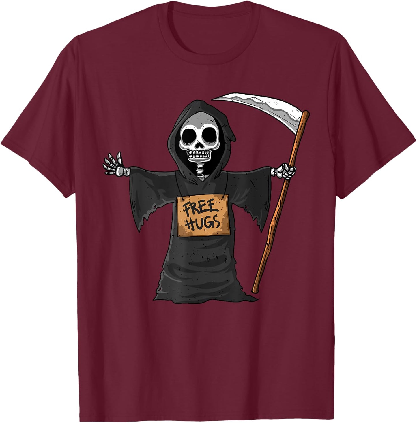 Free Hugs Grim Reaper Halloween Party Cosplay Lazy Costume T-Shirt - T-Shirt | Maroon