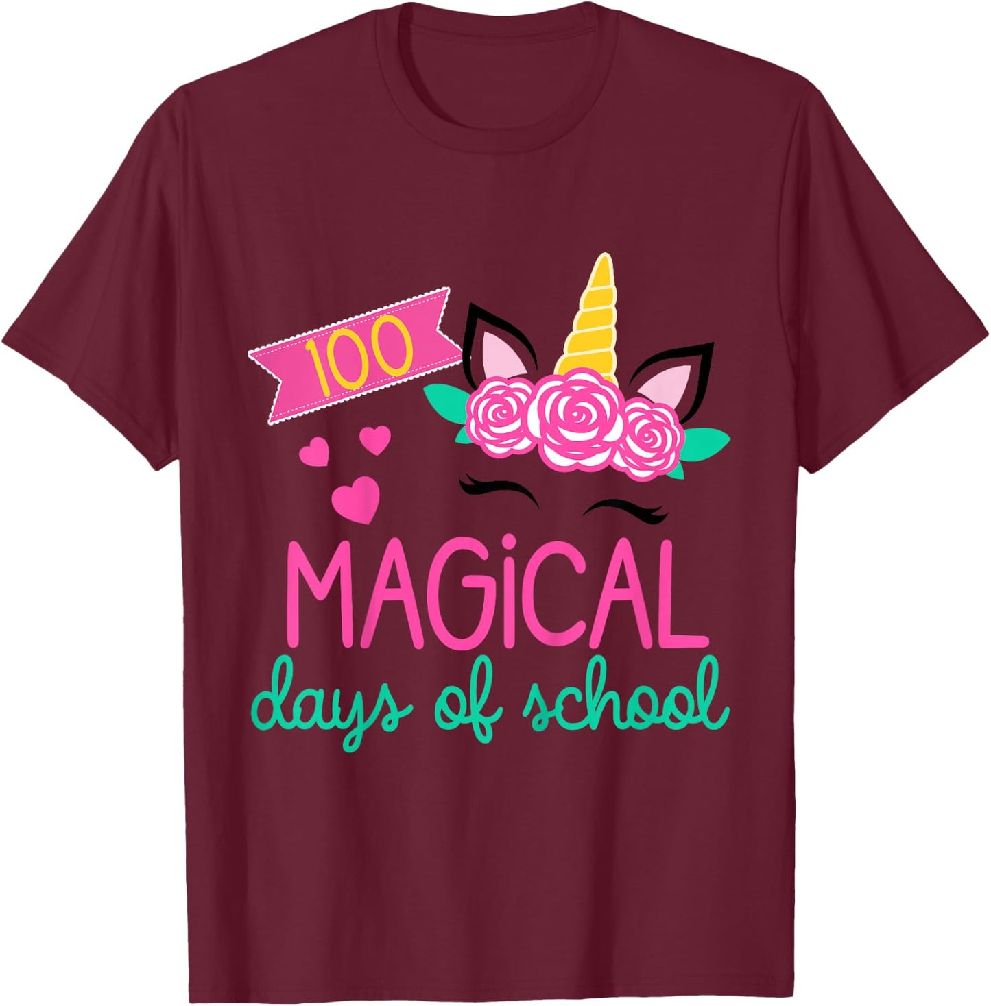 100 Days of School Girls Unicorn 100 Magical Days of School T-Shirt - T-Shirt | Maroon