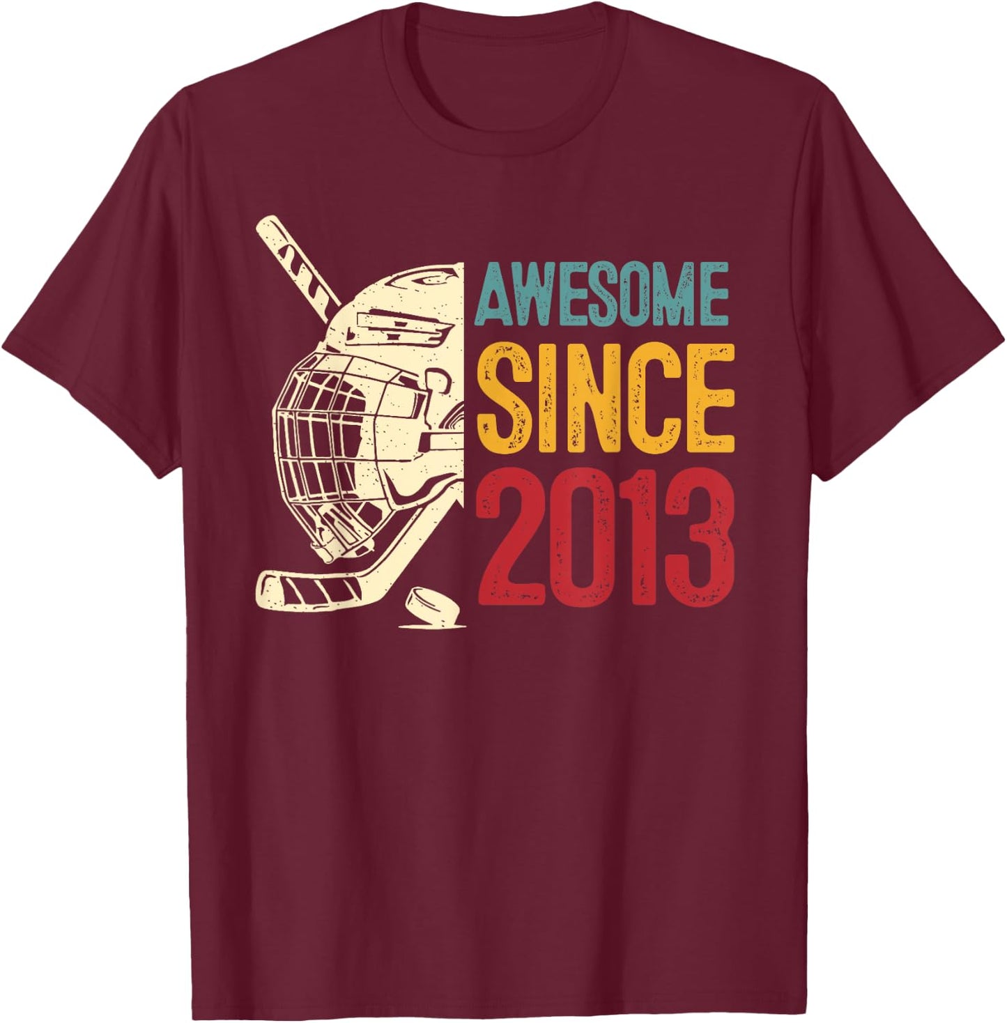 11th Birthday Awesome Since 2013 Ice Hockey Retro Vintage T-Shirt - T-Shirt | Maroon